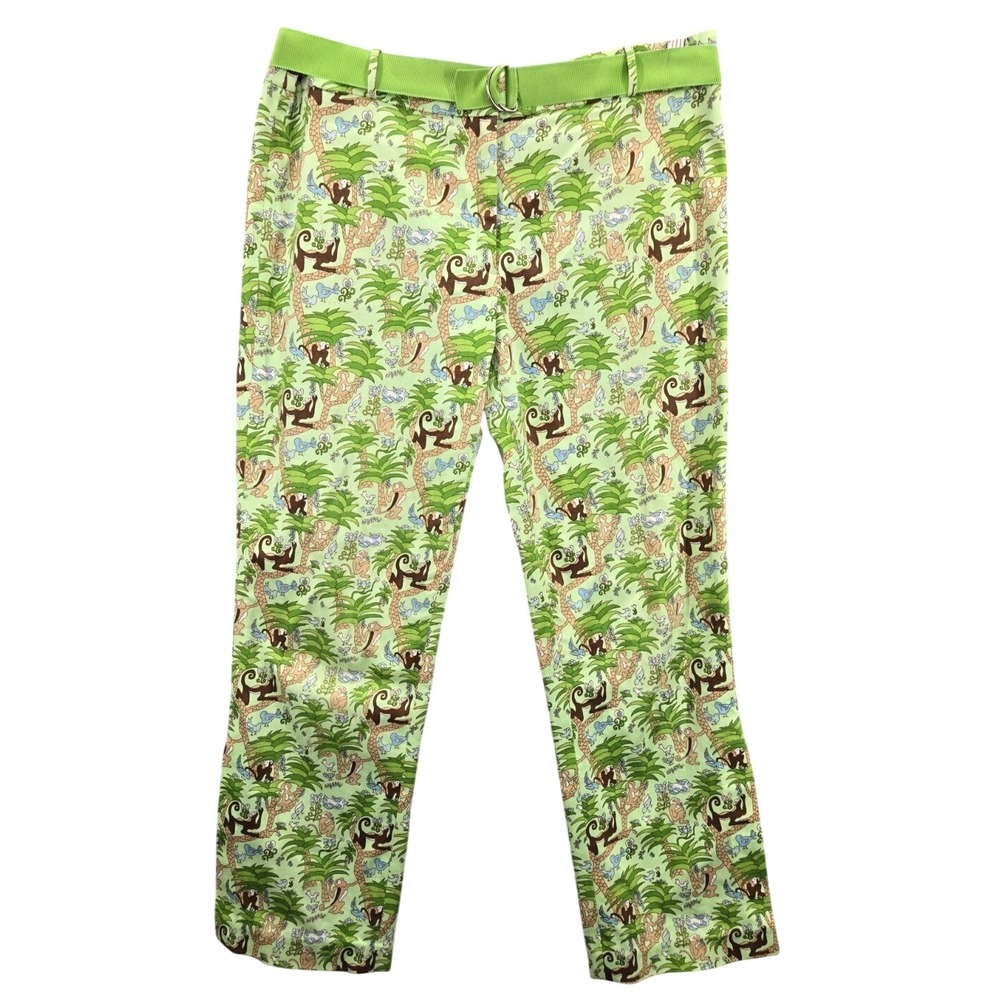 TIBI CROP CAPRI STRETCH PANTS SPLIT HEM GREEN MONKEY LION JUNGLE PRINT 6